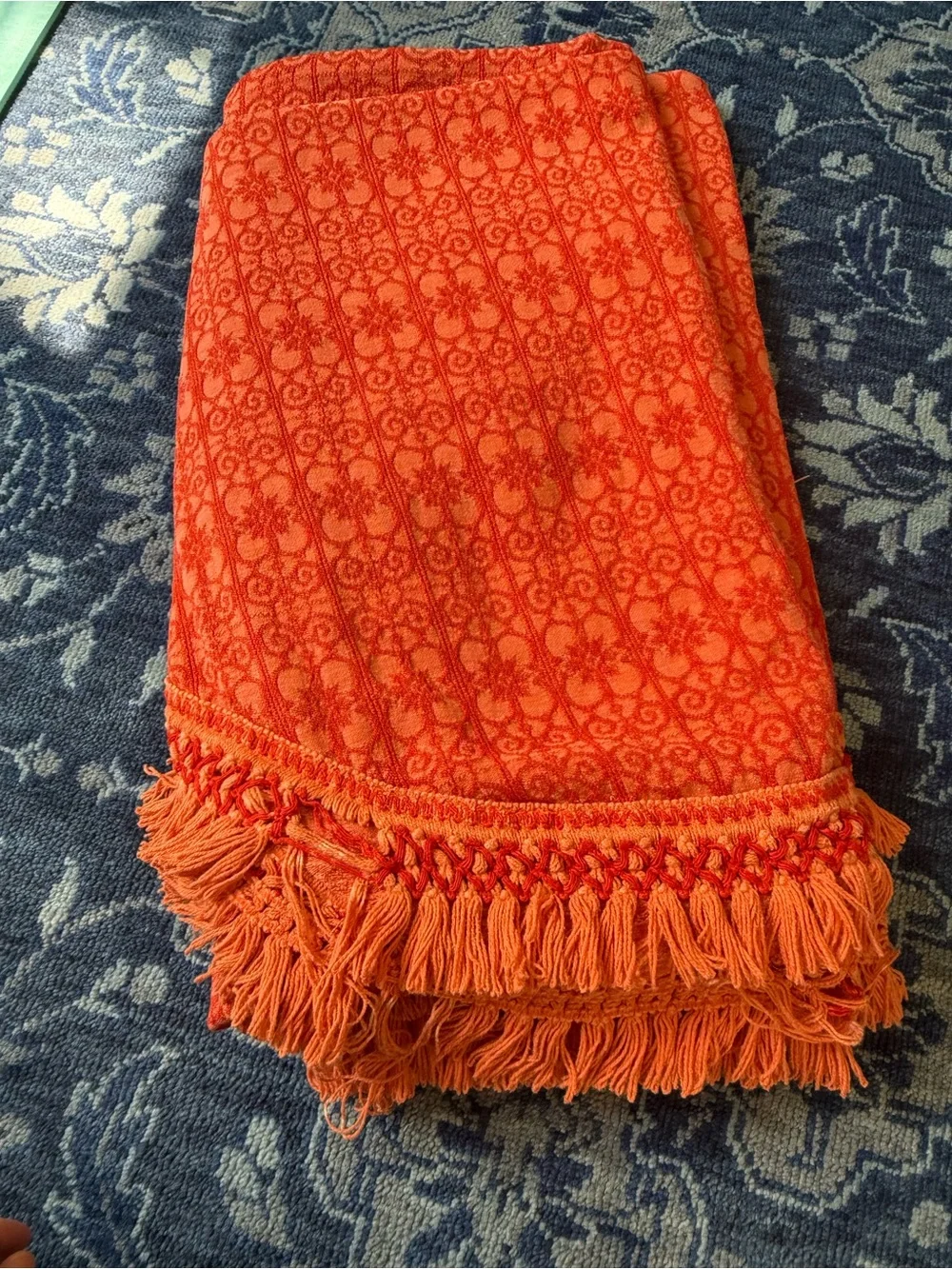 Vintage Bates pumpkin orange woven jacquard fringe bedspread Double size AS IS